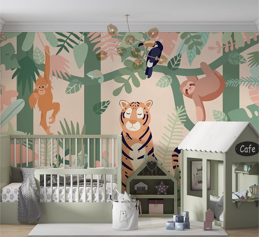 vibrant jungle illustration features a serene tiger sitting amidst lush tropical foliage, accompanied by a playful orangutan, a cheerful sloth, a toucan perched on a branch, and a chameleon blending into its surroundings. The bold leaves in green, pink, and cream hues create a lively and exotic atmosphere. A simple yet dynamic design highlights the wildlife in their natural habitat.