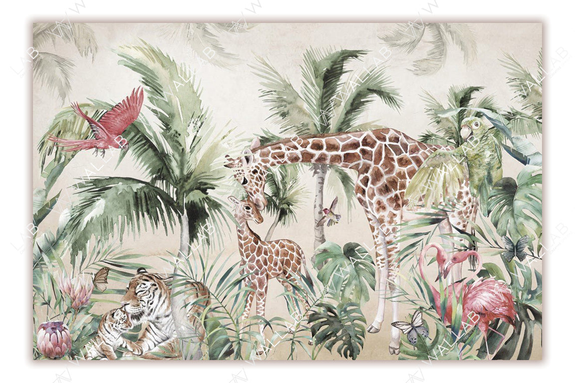 This vibrant illustration depicts a jungle scene featuring a giraffe nuzzling its calf, surrounded by lush greenery and tall palm trees. A tiger and its cub rest among colorful flowers in the foreground, while flamingos, parrots, and butterflies add life to the scene. The rich details and diverse wildlife create a lively and harmonious jungle atmosphere.