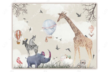 A whimsical illustration features a playful safari scene where a rhinoceros supports a zebra, a donkey, and a toucan stacked on its back, while a tall giraffe towers nearby. Hot air balloons float in the cloudy sky, and other animals like a flamingo, a sloth in a balloon basket, and a turtle atop a sheep add to the fun. The scene exudes creativity and a sense of adventure in a muted, dreamy palette.