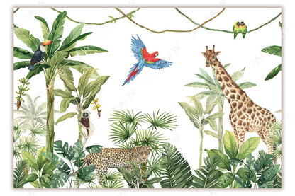 A vibrant jungle illustration showcases lush greenery with various tropical plants and trees. A giraffe stands tall among the foliage, while a colorful macaw soars in the air. Other animals, including a leopard, a toucan, and a lemur, add life to this tropical scene, accompanied by two perched lovebirds on a vine above.