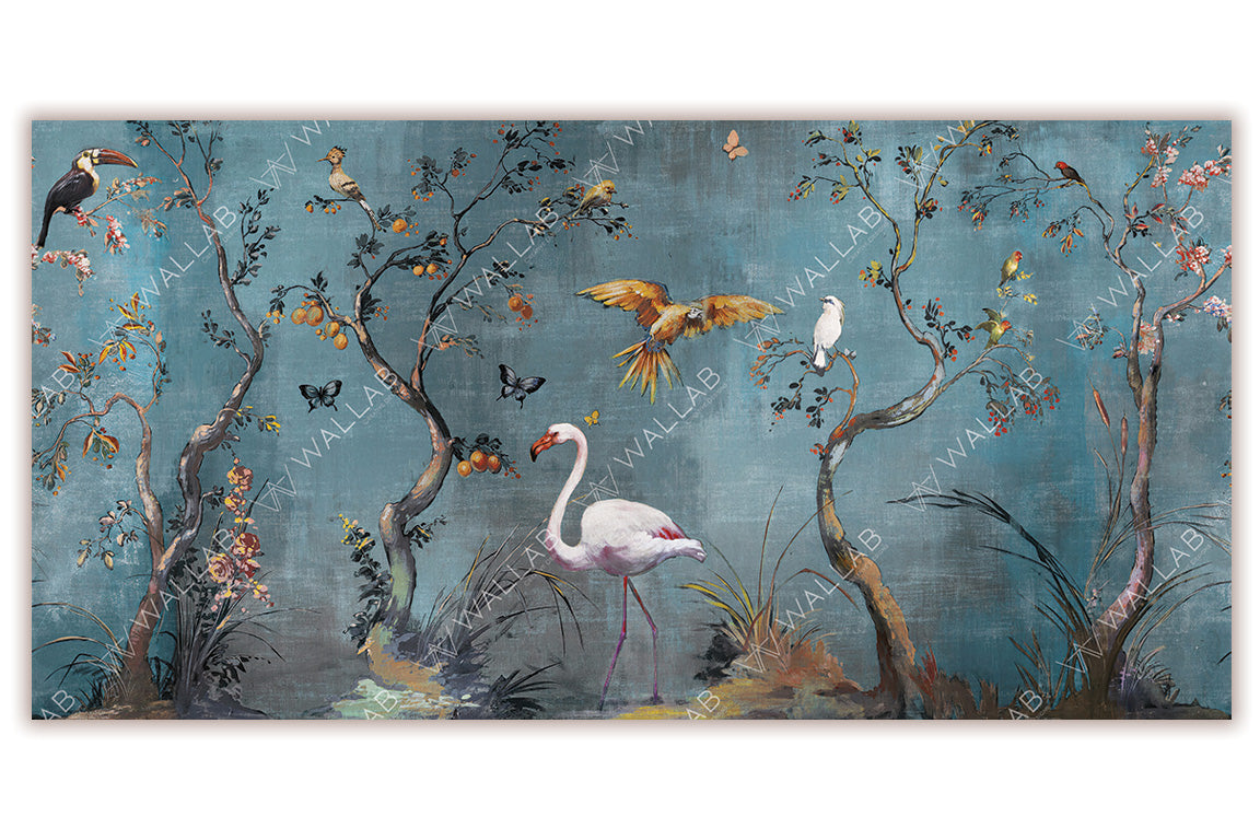 A vibrant mural depicting a whimsical nature scene with flowering trees, birds, butterflies, and a central pink flamingo. The textured blue background enhances the detailed foliage and wildlife, creating a serene and artistic ambiance full of life and color.