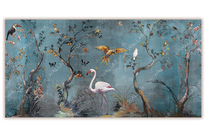 A vibrant mural depicting a whimsical nature scene with flowering trees, birds, butterflies, and a central pink flamingo. The textured blue background enhances the detailed foliage and wildlife, creating a serene and artistic ambiance full of life and color.