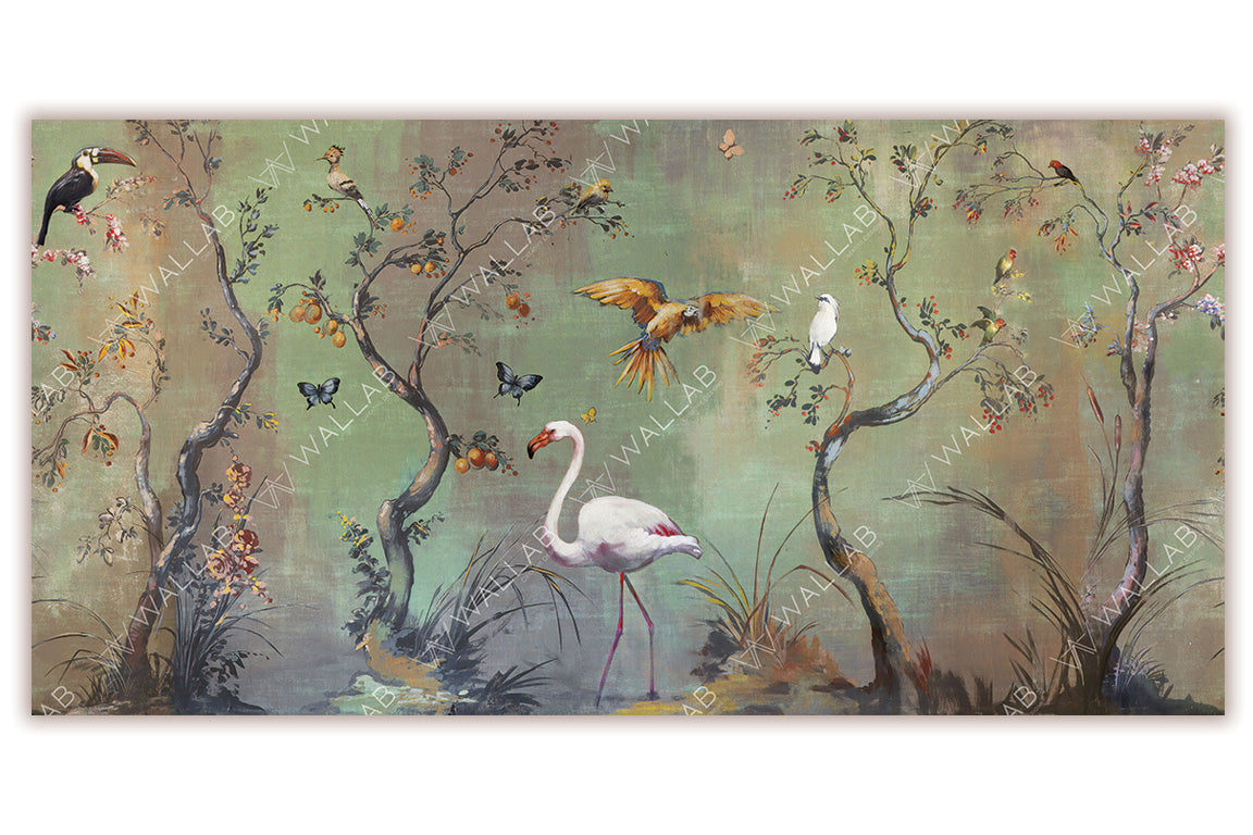 A vibrant mural depicting a whimsical nature scene with flowering trees, birds, butterflies, and a central pink flamingo. The textured blue background enhances the detailed foliage and wildlife, creating a serene and artistic ambiance full of life and color.