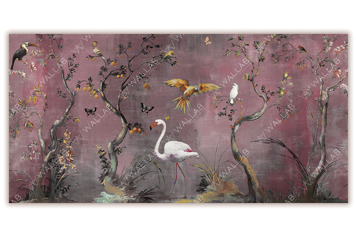 A vibrant mural depicting a whimsical nature scene with flowering trees, birds, butterflies, and a central pink flamingo. The textured blue background enhances the detailed foliage and wildlife, creating a serene and artistic ambiance full of life and color.