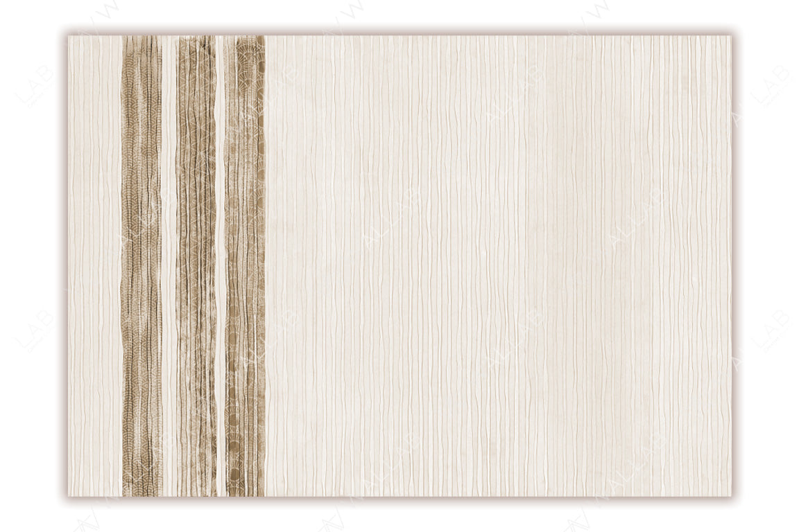 A minimalist design featuring a textured off-white background with thin vertical lines resembling wood grain. On the left, subtle vertical stripes in earthy tones include intricate patterns, creating a calm and organic aesthetic.