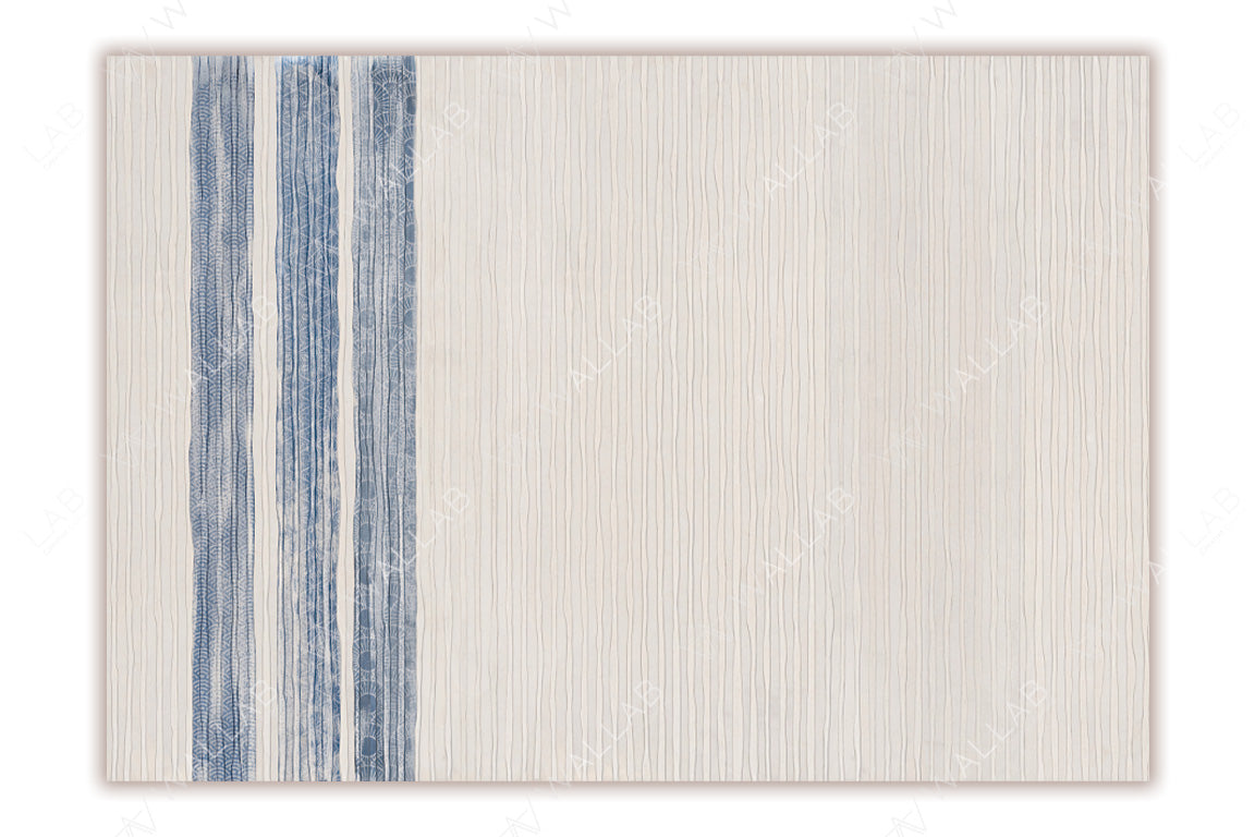 A minimalist design featuring a textured off-white background with thin vertical lines resembling wood grain. On the left, subtle vertical stripes in earthy tones include intricate patterns, creating a calm and organic aesthetic.