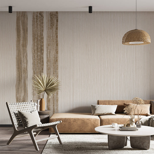 A minimalist design featuring a textured off-white background with thin vertical lines resembling wood grain. On the left, subtle vertical stripes in earthy tones include intricate patterns, creating a calm and organic aesthetic.