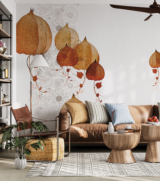 A delicate orange lantern-shaped flowers, resembling Physalis, suspended against a crisp white background. Intricate floral line art complements the composition, creating a balanced mix of bold colors and subtle detailing. The design exudes an airy, autumnal elegance, perfect for a serene and natural ambiance.