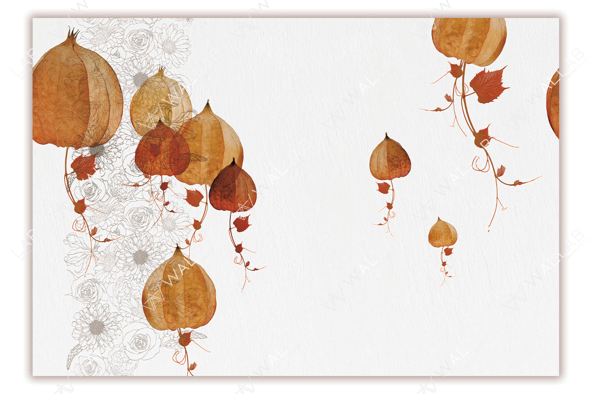 A delicate orange lantern-shaped flowers, resembling Physalis, suspended against a crisp white background. Intricate floral line art complements the composition, creating a balanced mix of bold colors and subtle detailing. The design exudes an airy, autumnal elegance, perfect for a serene and natural ambiance.