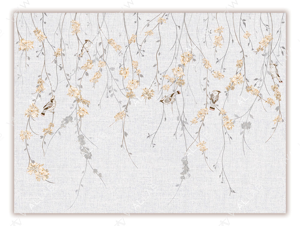 A delicate wallpaper mural featuring cascading floral vines with soft blossoms against a textured background. Small birds perched among the branches add charm and a sense of liveliness to the design. Perfect for creating a serene and nature-inspired atmosphere in any room.