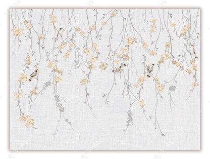 A delicate wallpaper mural featuring cascading floral vines with soft blossoms against a textured background. Small birds perched among the branches add charm and a sense of liveliness to the design. Perfect for creating a serene and nature-inspired atmosphere in any room.