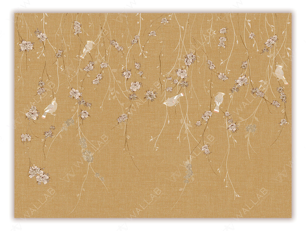 A delicate wallpaper mural featuring cascading floral vines with soft blossoms against a textured background. Small birds perched among the branches add charm and a sense of liveliness to the design. Perfect for creating a serene and nature-inspired atmosphere in any room.