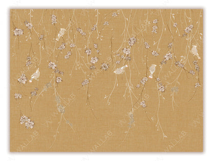 A delicate wallpaper mural featuring cascading floral vines with soft blossoms against a textured background. Small birds perched among the branches add charm and a sense of liveliness to the design. Perfect for creating a serene and nature-inspired atmosphere in any room.