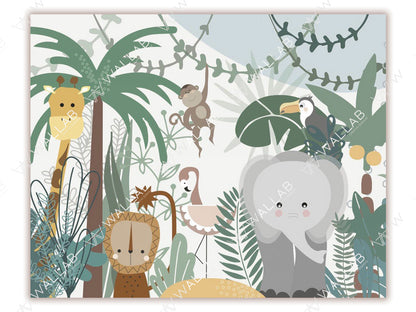 A whimsical jungle scene with adorable cartoon animals, including a giraffe, elephant, monkey, lion, and toucan, surrounded by lush greenery and tropical plants. The playful design includes climbing vines and palm trees, adding a vibrant, child-friendly atmosphere.