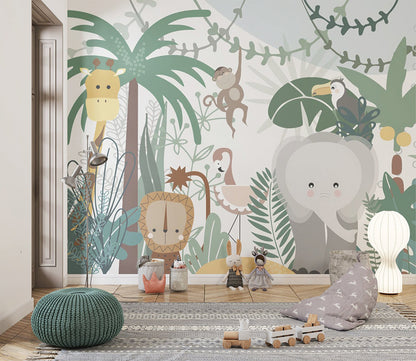 A whimsical jungle scene with adorable cartoon animals, including a giraffe, elephant, monkey, lion, and toucan, surrounded by lush greenery and tropical plants. The playful design includes climbing vines and palm trees, adding a vibrant, child-friendly atmosphere.