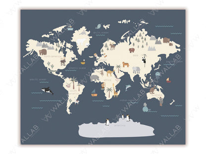 This map illustration displays a world map featuring simplified continents with whimsical animal and oceanic icons representing various regions, such as polar bears in the Arctic, elephants in Africa, and penguins in Antarctica. The design includes labeled oceans and continents with minimalistic ships and marine creatures, creating a playful and educational visual.