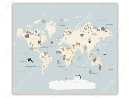 This map illustration displays a world map featuring simplified continents with whimsical animal and oceanic icons representing various regions, such as polar bears in the Arctic, elephants in Africa, and penguins in Antarctica. The design includes labeled oceans and continents with minimalistic ships and marine creatures, creating a playful and educational visual.