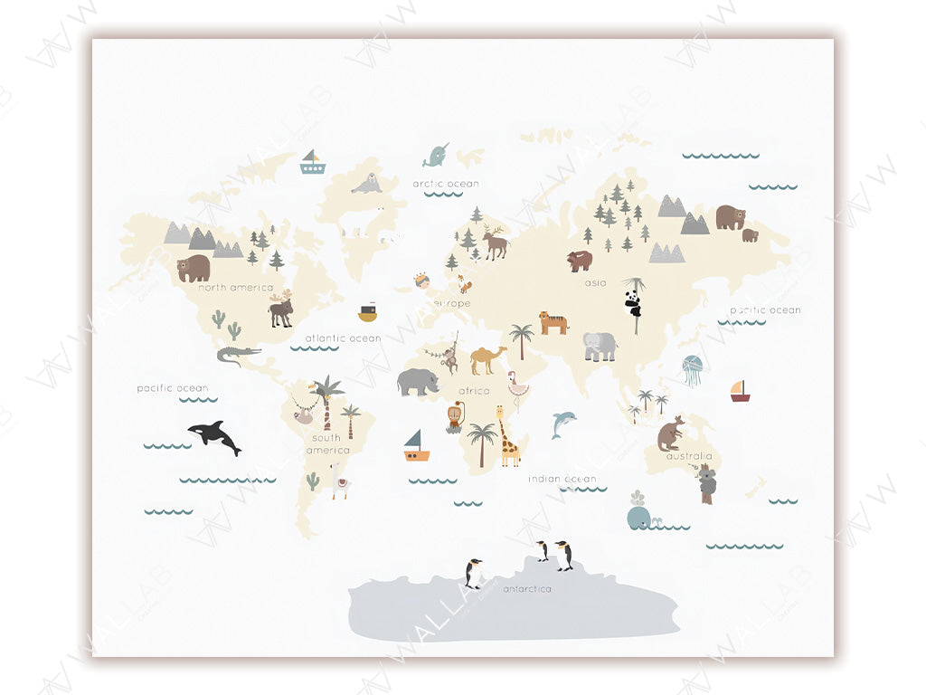 This map illustration displays a world map featuring simplified continents with whimsical animal and oceanic icons representing various regions, such as polar bears in the Arctic, elephants in Africa, and penguins in Antarctica. The design includes labeled oceans and continents with minimalistic ships and marine creatures, creating a playful and educational visual.