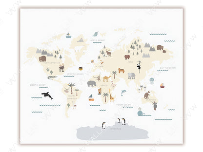 This map illustration displays a world map featuring simplified continents with whimsical animal and oceanic icons representing various regions, such as polar bears in the Arctic, elephants in Africa, and penguins in Antarctica. The design includes labeled oceans and continents with minimalistic ships and marine creatures, creating a playful and educational visual.