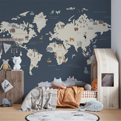 This map illustration displays a world map featuring simplified continents with whimsical animal and oceanic icons representing various regions, such as polar bears in the Arctic, elephants in Africa, and penguins in Antarctica. The design includes labeled oceans and continents with minimalistic ships and marine creatures, creating a playful and educational visual.