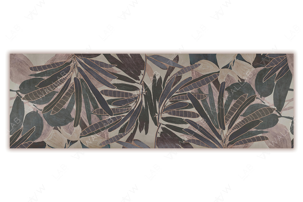 A lush botanical design with large tropical leaves in muted shades. The intricate details and textured leaf patterns give it a layered, dimensional effect, making it ideal for adding a sophisticated tropical vibe to any interior space.