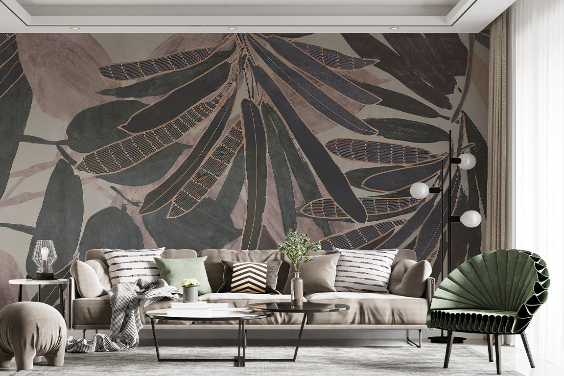 A lush botanical design with large tropical leaves in muted shades. The intricate details and textured leaf patterns give it a layered, dimensional effect, making it ideal for adding a sophisticated tropical vibe to any interior space.