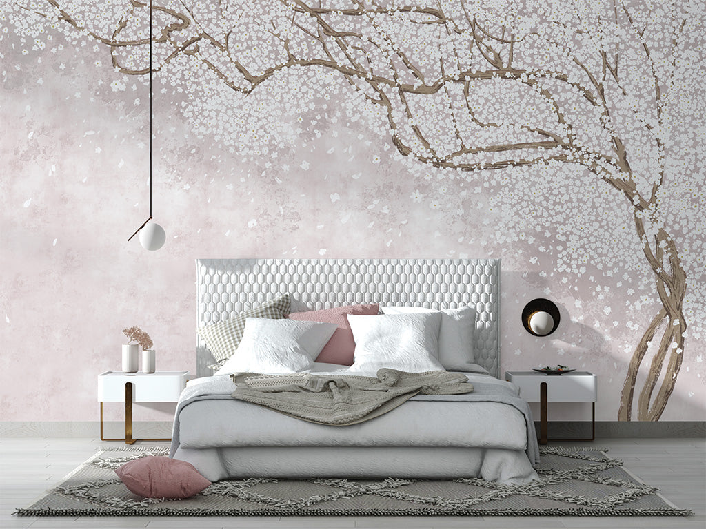 A serene mural featuring an elegant tree branch adorned with delicate white blossoms cascading across the top. The soft, textured background creates a calming and ethereal atmosphere, perfect for a tranquil and sophisticated space.