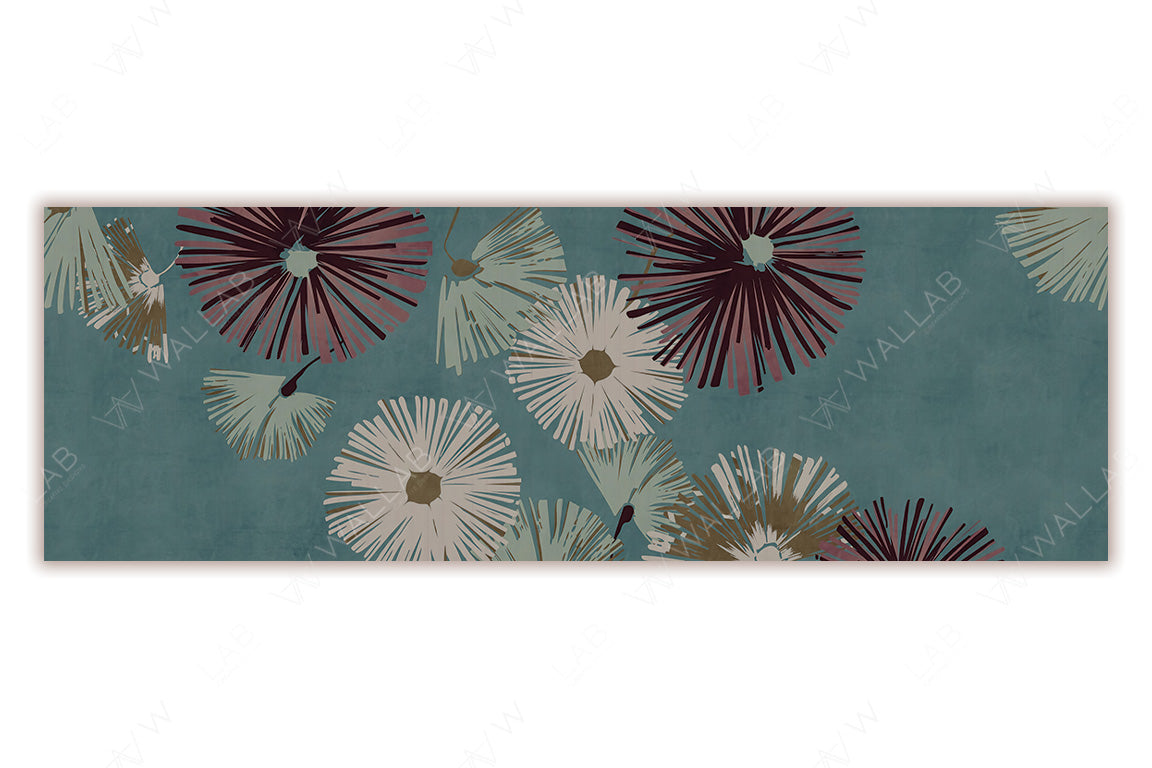 Bold, stylized floral bursts set against a rich background. The radial pattern of the flowers creates a dynamic and lively effect, while the muted palette evokes a modern yet vintage feel. Perfect for adding a touch of retro charm to any space.