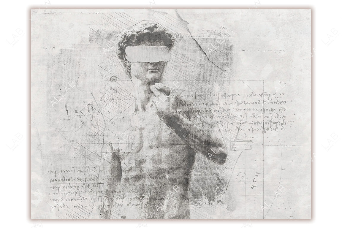 Artistic depiction of a classical statue, possibly inspired by Michelangelo's David, overlaid with geometric sketches and handwritten notes reminiscent of Leonardo da Vinci's style. The statue's eyes are obscured by a minimalist band, creating a modern, conceptual twist on Renaissance art.