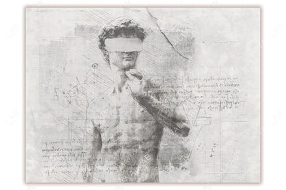 Artistic depiction of a classical statue, possibly inspired by Michelangelo's David, overlaid with geometric sketches and handwritten notes reminiscent of Leonardo da Vinci's style. The statue's eyes are obscured by a minimalist band, creating a modern, conceptual twist on Renaissance art.