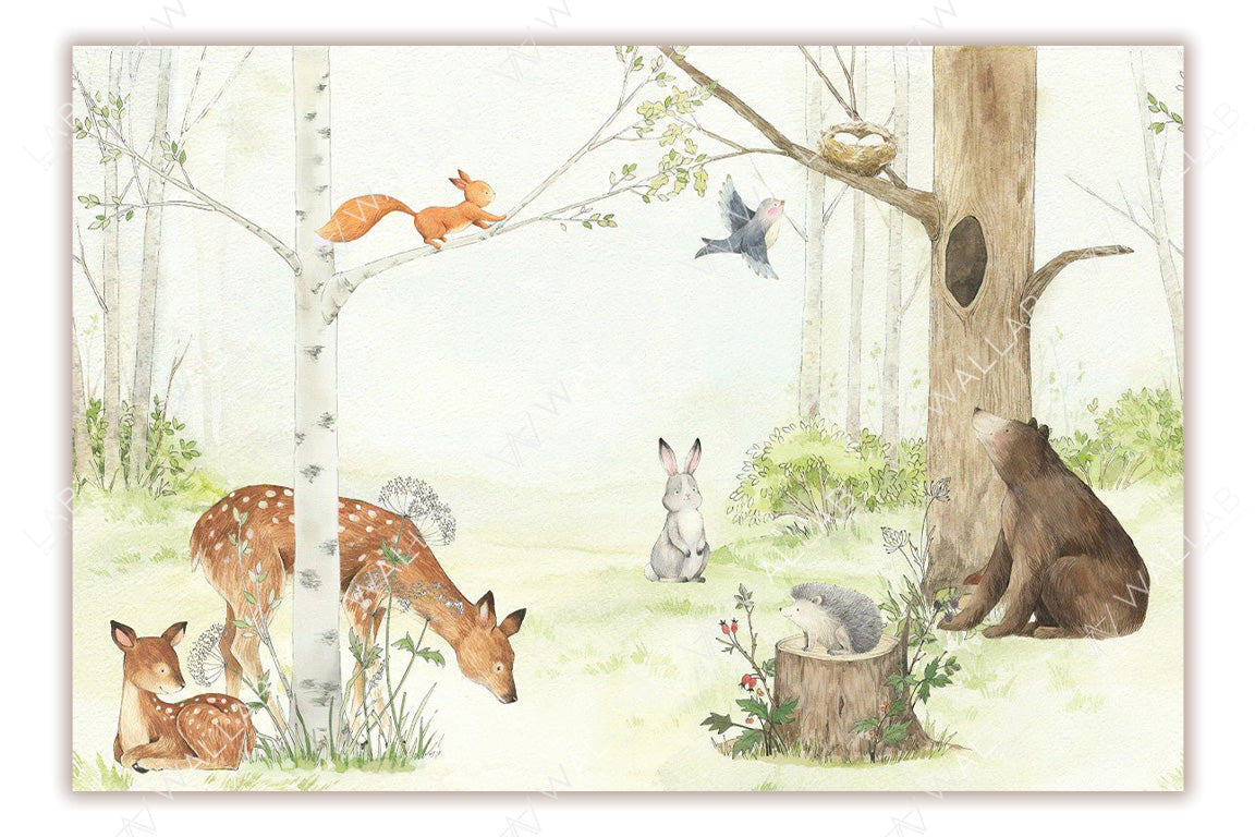 This charming woodland illustration features a serene forest scene with birch trees, a bear sitting under a tree, two spotted fawns grazing, and other animals like a hedgehog on a tree stump, a rabbit, and a bird flying near a nest. The soft, pastel tones and delicate detailing create a calming, storybook-like atmosphere.