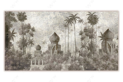 A mystical architectural scene set in a tropical landscape with grand domed structures partially hidden among tall palm trees and dense foliage. The muted tones and intricate texture evoke a sense of timeless elegance and exotic allure. It creates a tranquil yet mysterious atmosphere.