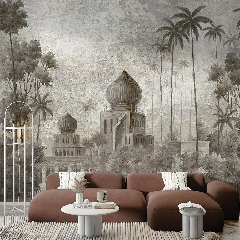 A mystical architectural scene set in a tropical landscape with grand domed structures partially hidden among tall palm trees and dense foliage. The muted tones and intricate texture evoke a sense of timeless elegance and exotic allure. It creates a tranquil yet mysterious atmosphere.