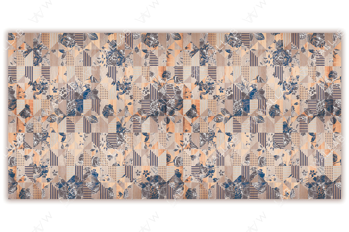 A patchwork-inspired design combining floral motifs with geometric patterns such as stripes, dots, and grids. The color palette blends warm beige and orange tones with deep navy and soft neutrals, creating a harmonious balance. The intricate mix of textures and elements adds a modern yet vintage charm.