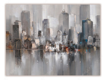 A striking wallpaper mural featuring an abstract cityscape with tall skyscrapers and a suspension bridge reflected in a calm body of water. The design incorporates muted gray and neutral tones with splashes of warm and cool colors, blending modern architecture with an artistic, painterly style. Ideal for adding urban sophistication to interior spaces.