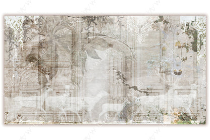 a dreamy, layered composition of faded architectural elements, such as ornate arches and intricate windows, combined with ghostly silhouettes of deer and soft foliage. The muted tones of beige, gray, and subtle greens create a vintage, ethereal atmosphere. The design evokes a sense of mystery and timeless elegance