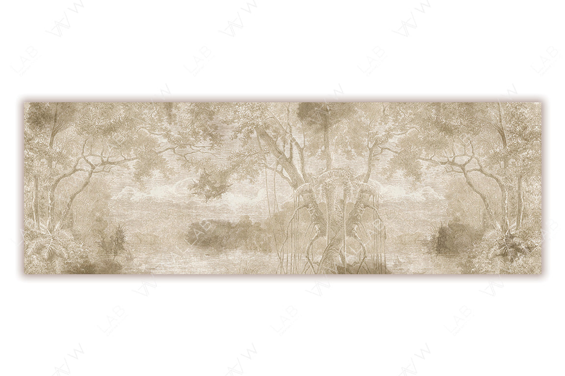 A monochromatic, vintage-style landscape illustration featuring a calm river surrounded by large, sprawling trees and lush foliage. The delicate details and sepia tones give the scene an antique, serene ambiance reminiscent of classical etchings or drawings.