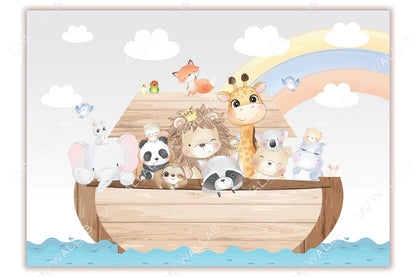 A charming and whimsical scene of animals aboard a wooden ark, with a cheerful lion wearing a crown at the center. Surrounding the lion are adorable animals, including an elephant, panda, giraffe, sloth, koala, and raccoon, alongside colorful birds and a rainbow in the background. The setting evokes a playful and serene atmosphere.