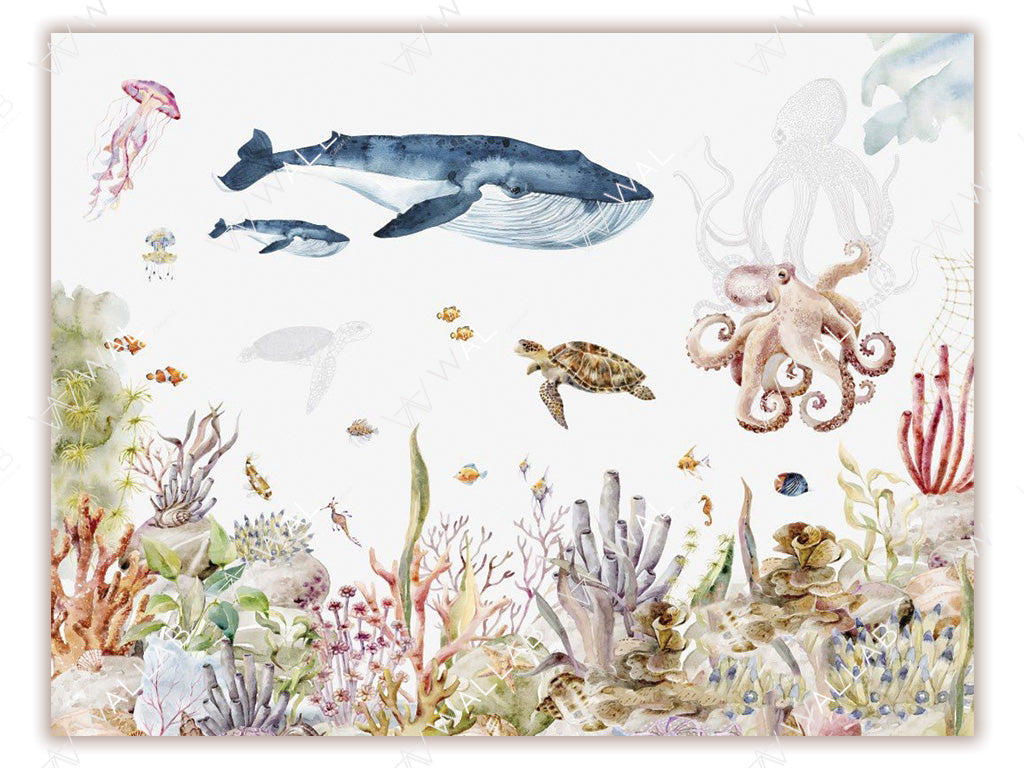 This hand-painted ocean scene showcases a vibrant underwater world with whales, turtles, octopuses, jellyfish, and various fish swimming amidst colorful coral reefs and sea plants. The watercolor effect adds a delicate, artistic touch to the lively marine ecosystem.