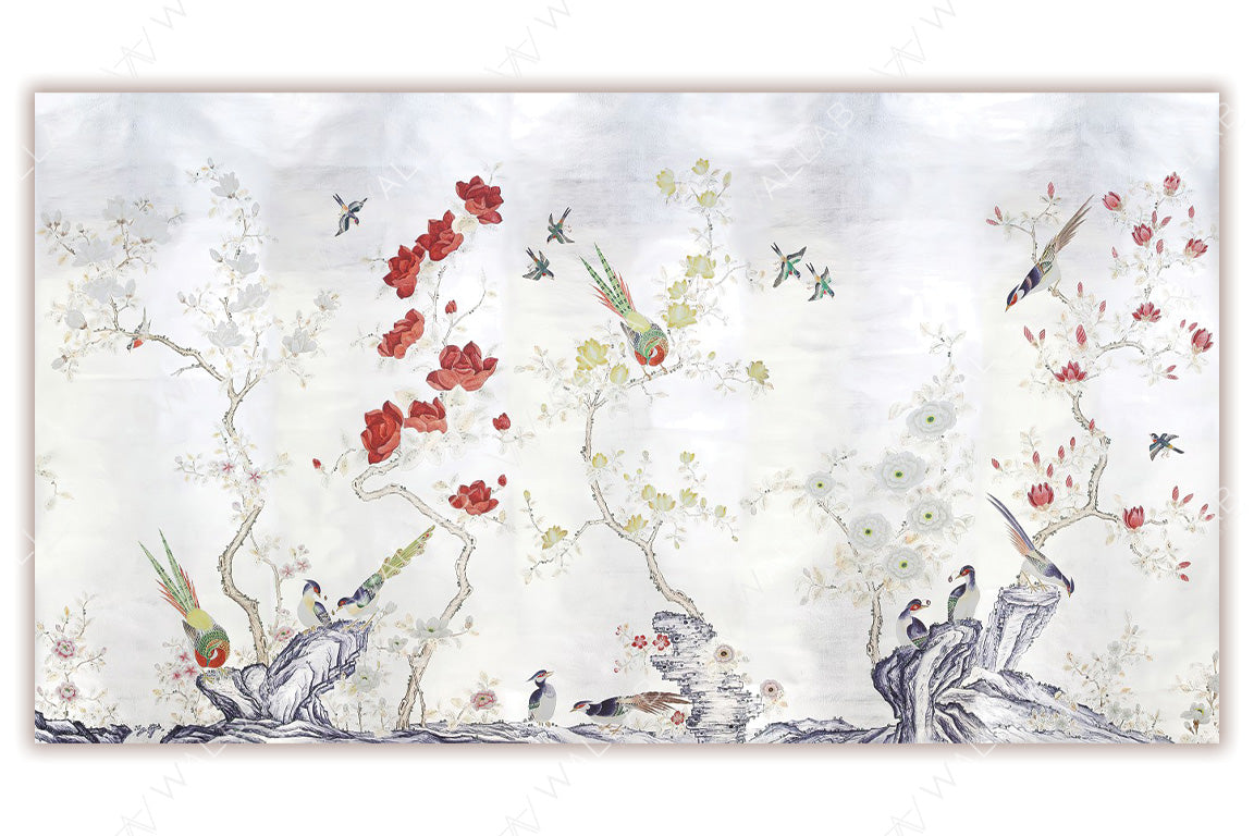 An elegant chinoiserie-inspired design featuring vibrant birds perched on gnarled branches amidst flowering trees with bold red, yellow, and white blossoms. The delicate details of the flora and fauna contrast beautifully against the soft, white background, creating a timeless and serene aesthetic. The intricate composition exudes harmony and grace.