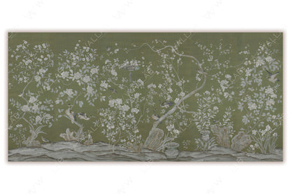 A serene chinoiserie design set against a muted green background, showcasing delicate white blossoms, lush foliage, and birds in mid-flight or perched on branches. The composition includes intricate details such as ornate lanterns and natural stone elements, adding depth and an enchanting ambiance. The scene evokes a tranquil and timeless elegance.