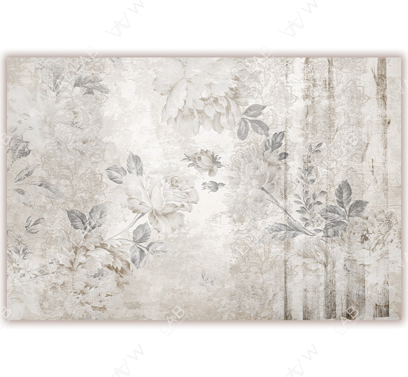 A delicate wallpaper featuring an elegant floral design with soft pastel hues of blush, cream, and gray. The large roses and peonies are surrounded by faint, lace-like patterns and subtle distressed textures, creating a vintage and romantic atmosphere.