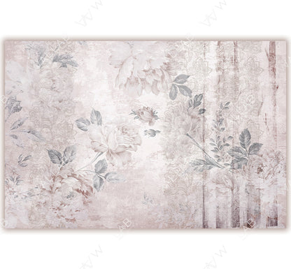 A delicate wallpaper featuring an elegant floral design with soft pastel hues of blush, cream, and gray. The large roses and peonies are surrounded by faint, lace-like patterns and subtle distressed textures, creating a vintage and romantic atmosphere.