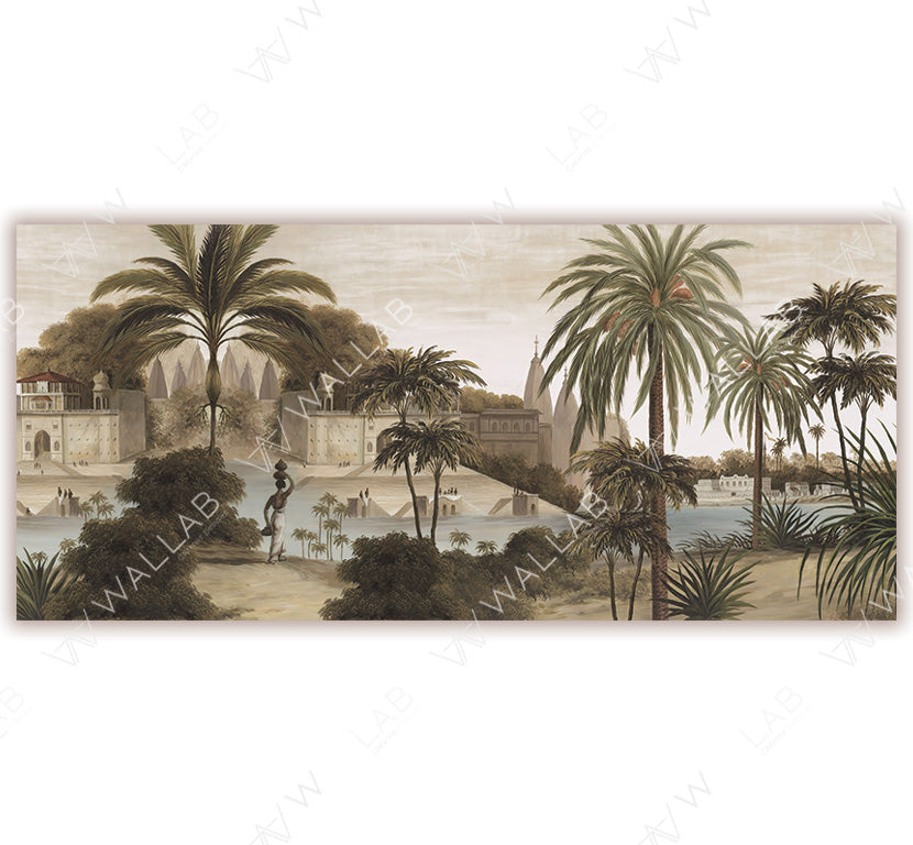 This wallpaper design features a serene tropical scene with lush palm trees, historic architecture, and calm water reflecting the natural surroundings. Soft earthy tones and fine detailing create an elegant, vintage-inspired atmosphere evocative of an exotic landscape.