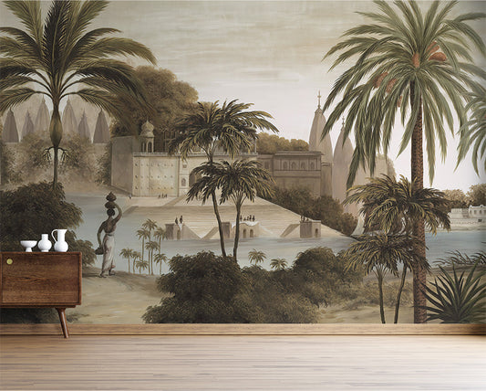 This wallpaper design features a serene tropical scene with lush palm trees, historic architecture, and calm water reflecting the natural surroundings. Soft earthy tones and fine detailing create an elegant, vintage-inspired atmosphere evocative of an exotic landscape.