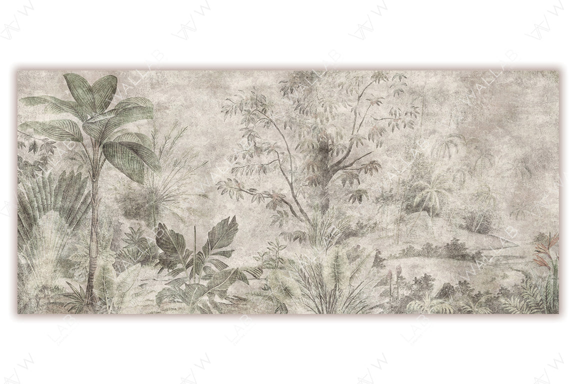 A vintage-style botanical landscape featuring lush tropical plants, tall palm trees, and dense foliage in soft, muted green tones. The textured background and hand-drawn details create an aged, serene aesthetic reminiscent of classic nature illustrations.