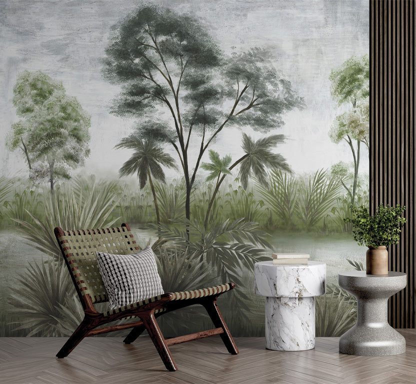  A lush, verdant landscape with tall trees and abundant foliage surrounding a serene body of water. The soft green tones and painterly texture evoke a tranquil, tropical vibe. It conveys a sense of calm and natural beauty, perfect for adding a peaceful ambiance to any space.