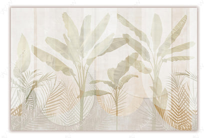 A soft, translucent botanical design featuring large tropical banana leaves and delicate palm fronds in muted beige and green tones. The overlapping foliage and subtle gradient background create an airy, elegant, and calming tropical aesthetic.