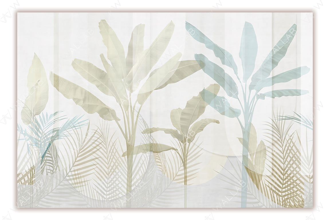 A soft, translucent botanical design featuring large tropical banana leaves and delicate palm fronds in muted beige and green tones. The overlapping foliage and subtle gradient background create an airy, elegant, and calming tropical aesthetic.