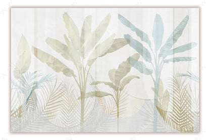 A soft, translucent botanical design featuring large tropical banana leaves and delicate palm fronds in muted beige and green tones. The overlapping foliage and subtle gradient background create an airy, elegant, and calming tropical aesthetic.